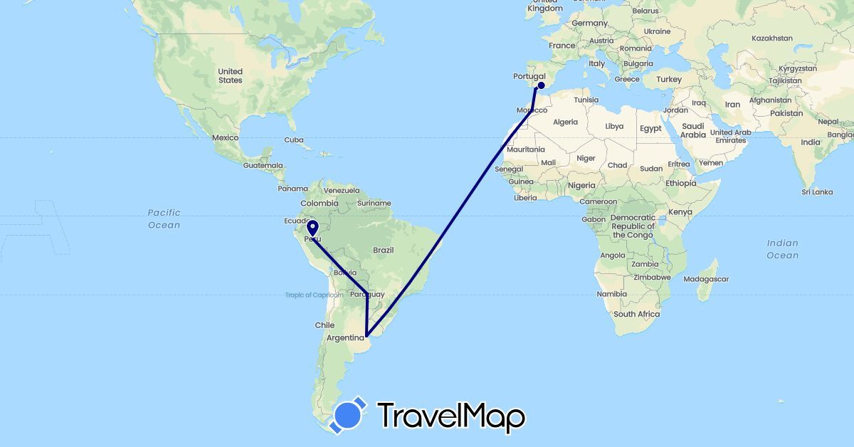 TravelMap itinerary: driving in Argentina, Spain, Morocco, Peru, Paraguay (Africa, Europe, South America)